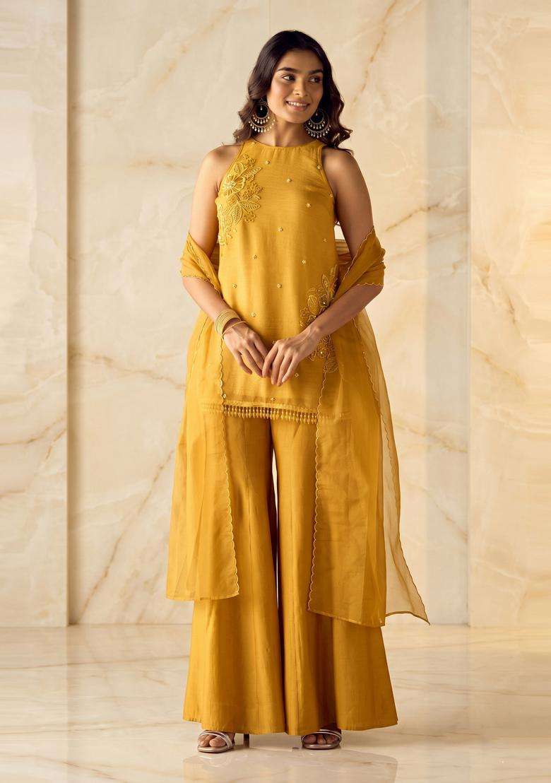 Mustard Embroidered Handwork Sharara Set - Indya