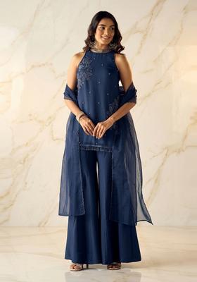 Dark Blue Embroidered Handwork Sharara Set