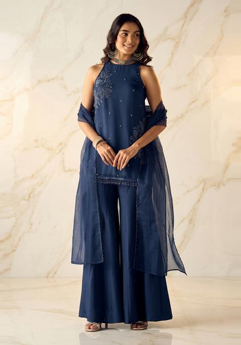 Dark Blue Embroidered Handwork Sharara Set