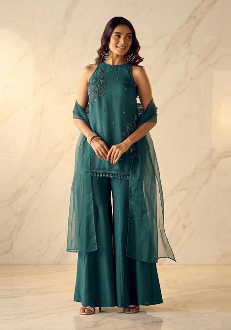 Deep Teal Embroidered Handwork Sharara Set