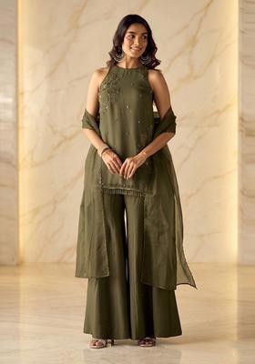 Dusty Olive Embroidered Handwork Sharara Set