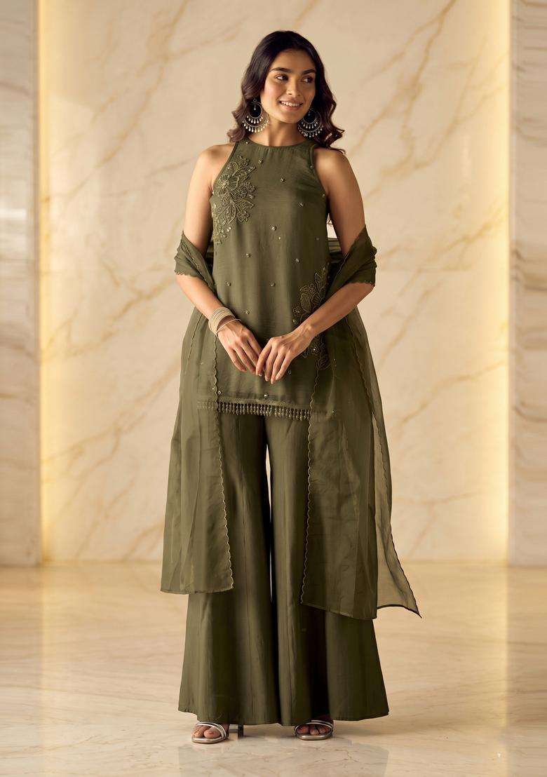 Dusty Olive Embroidered Handwork Sharara Set - Indya