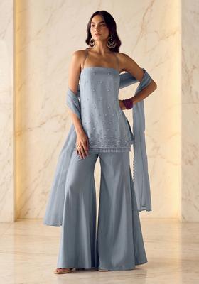 Dusty Blue Embroidered Handwork Sharara Set