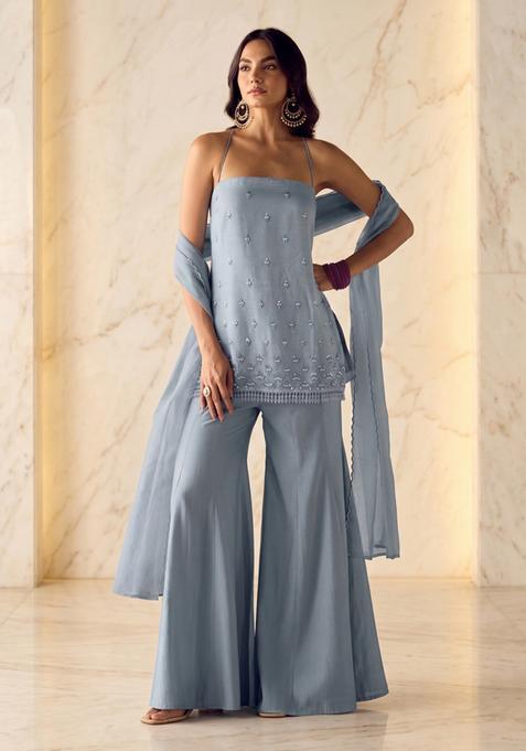 Dusty Blue Embroidered Handwork Sharara Set