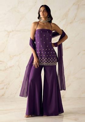 Deep Purple Embroidered Handwork Sharara Set