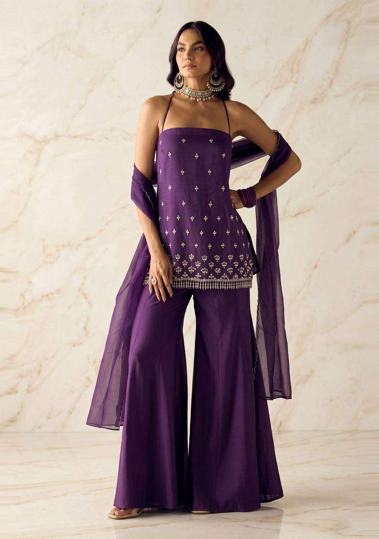 Deep Purple Embroidered Handwork Sharara Set - Indya