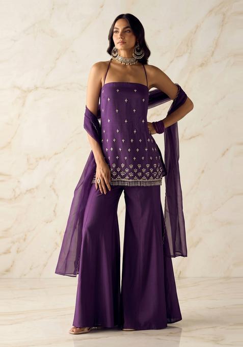 Deep Purple Embroidered Handwork Sharara Set