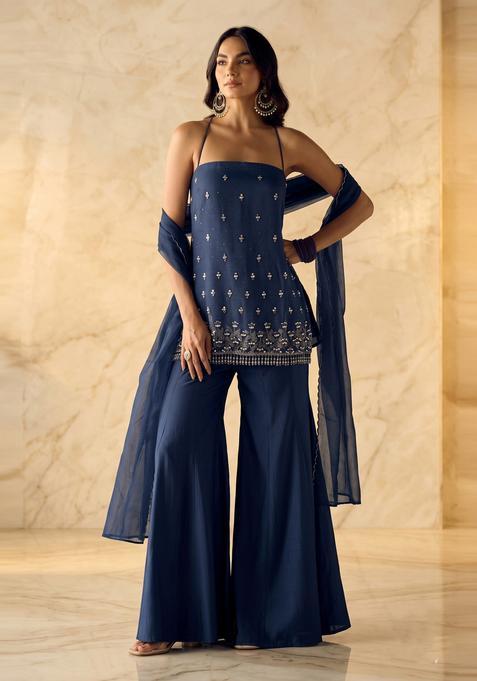 Dark Blue Embroidered Handwork Sharara Set