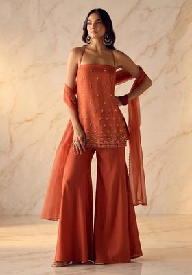 Rust Orange Embroidered Handwork Sharara Set