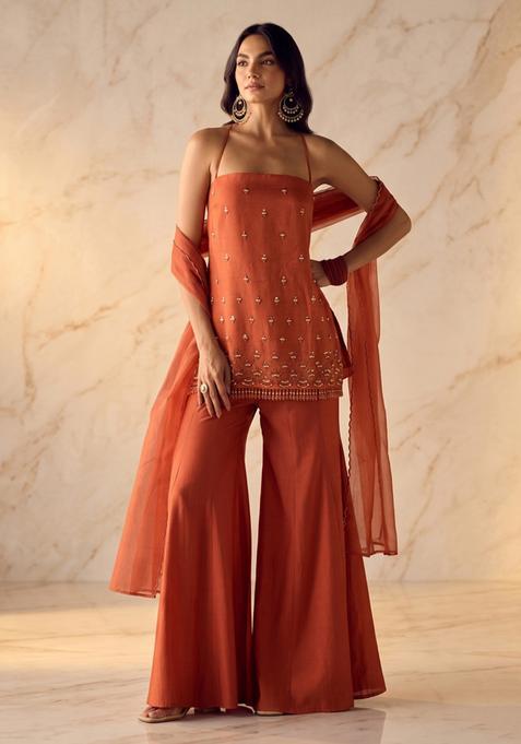 Rust Orange Embroidered Handwork Sharara Set