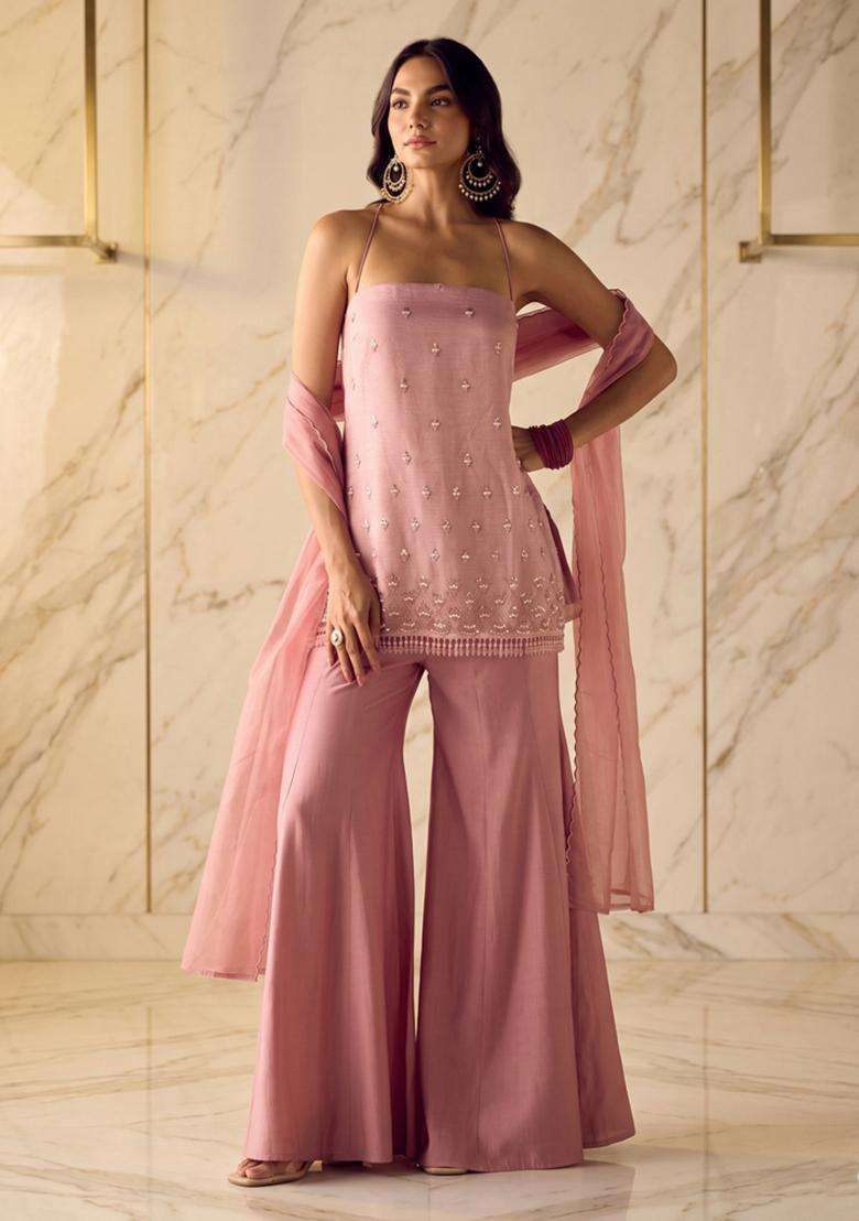 Dusty Pink Embroidered Handwork Sharara Set - Indya