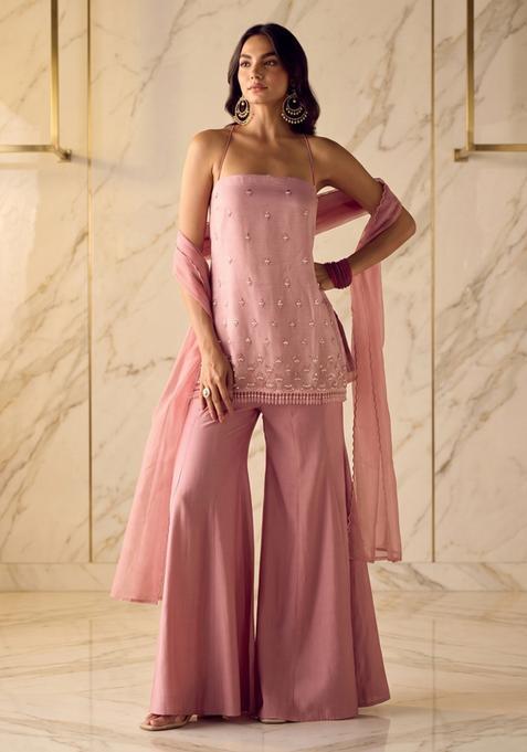 Dusty Pink Embroidered Handwork Sharara Set