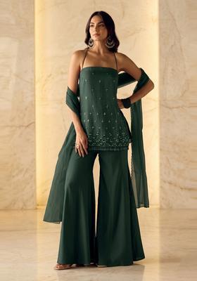 Dark Green Embroidered Handwork Sharara Set