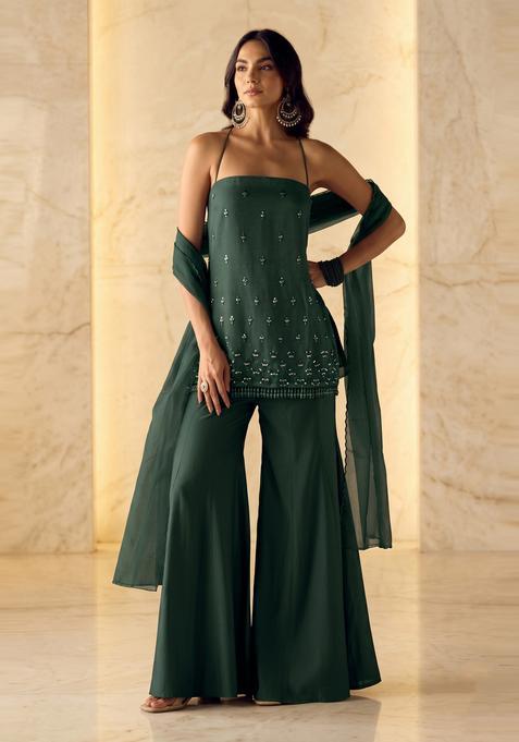 Dark Green Embroidered Handwork Sharara Set