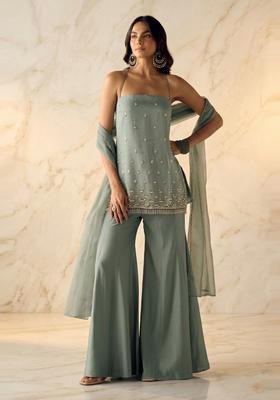 Pastel Green Embroidered Handwork Sharara Set
