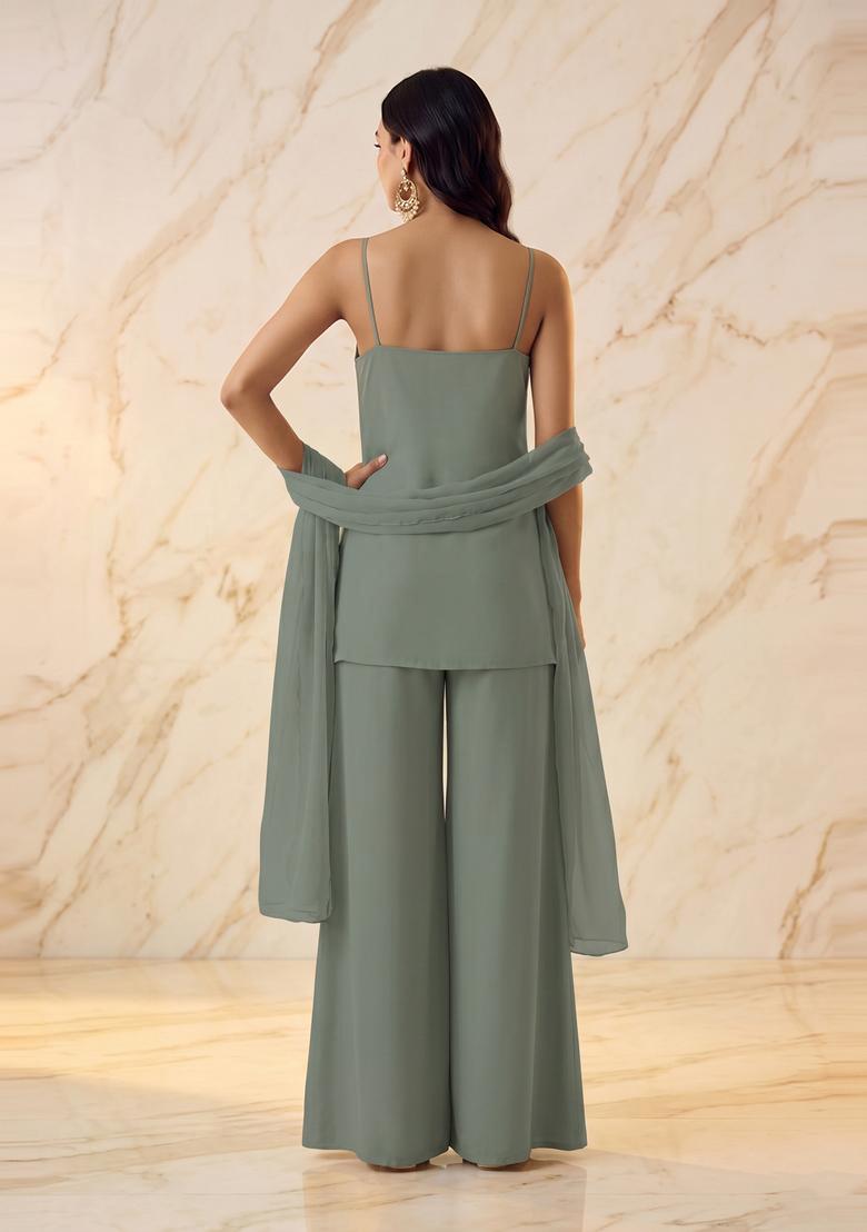 Pastel Green Embroidered Handwork Sharara Set - Indya