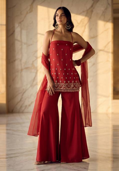 Red Embroidered Handwork Sharara Set