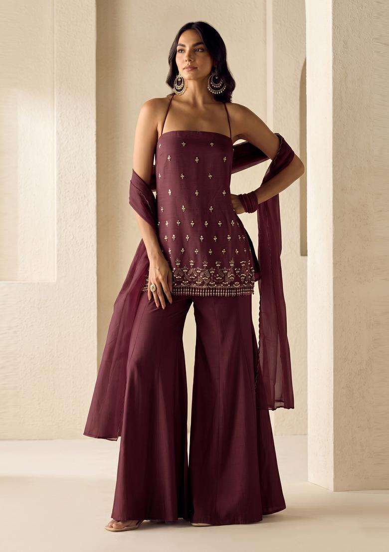 Deep Wine Embroidered Handwork Sharara Set - Indya