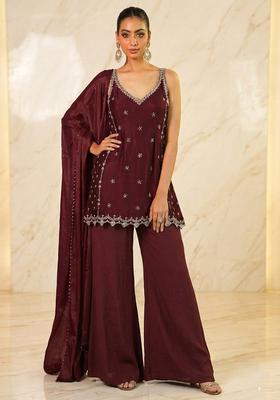 Brown Hand Work Sleeveless Sharara Set