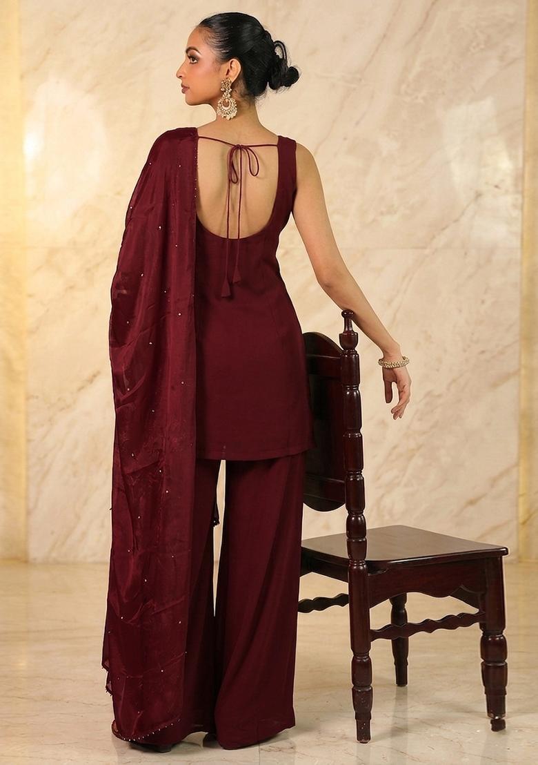 Brown Hand Work Sleeveless Sharara Set - Indya