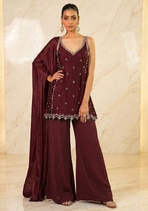 Brown Hand Work Sleeveless Sharara Set