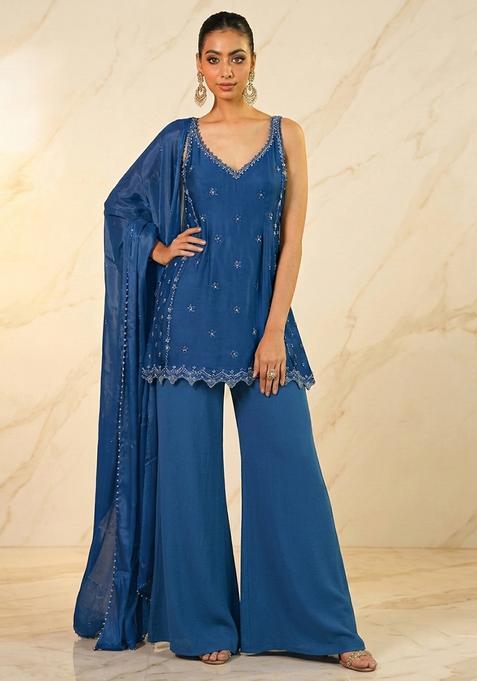 Dark Blue Hand Work Sleeveless Sharara Set