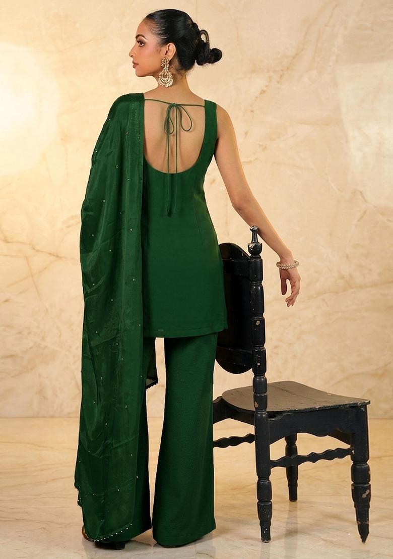 Green Hand Work Sleeveless Sharara Set - Indya