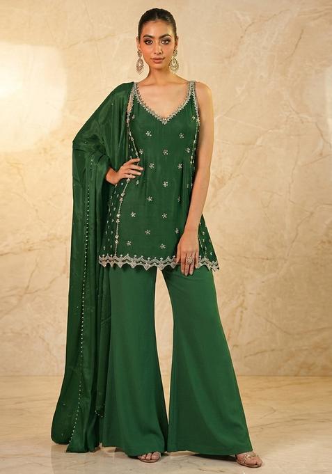 Green Hand Work Sleeveless Sharara Set