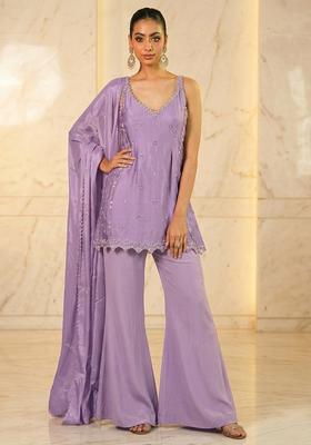 Lavender Hand Work Sleeveless Sharara Set