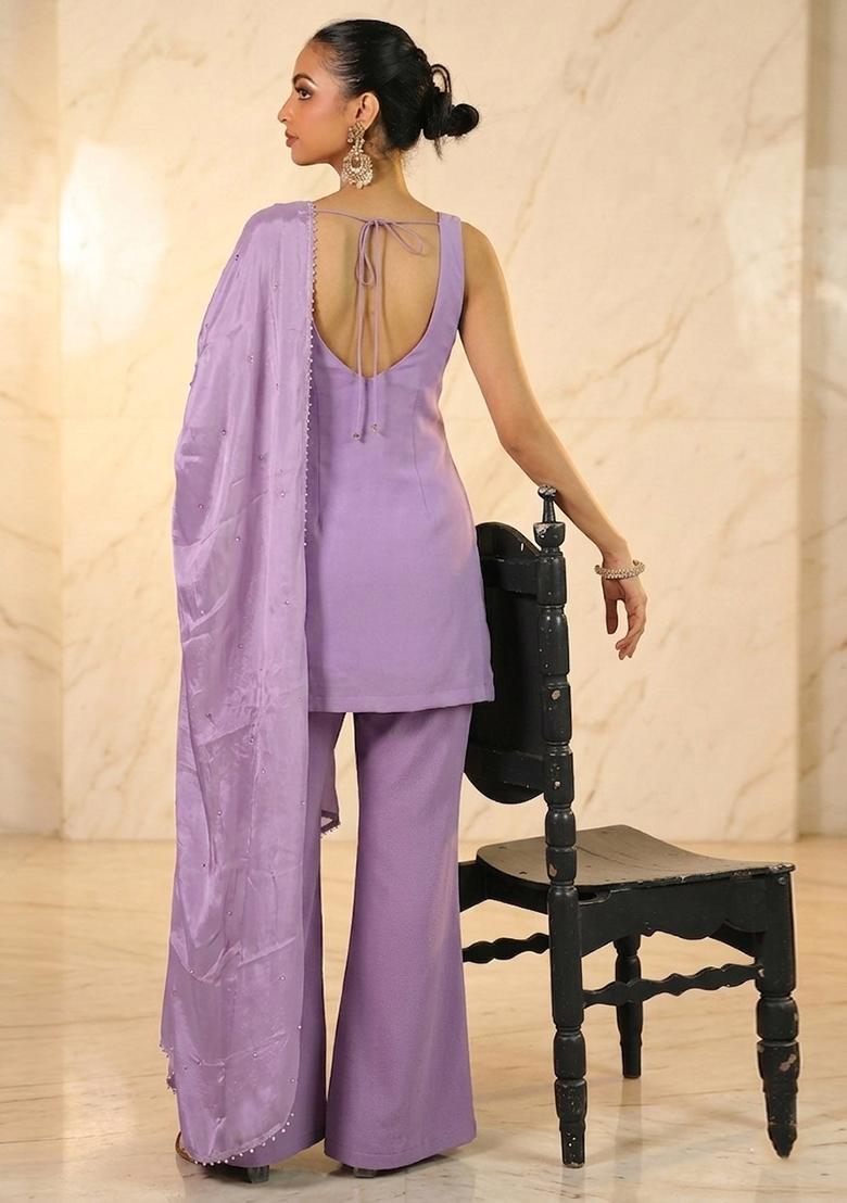 Lavender Hand Work Sleeveless Sharara Set - Indya