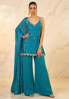 Teal Hand Work Sleeveless Sharara Set