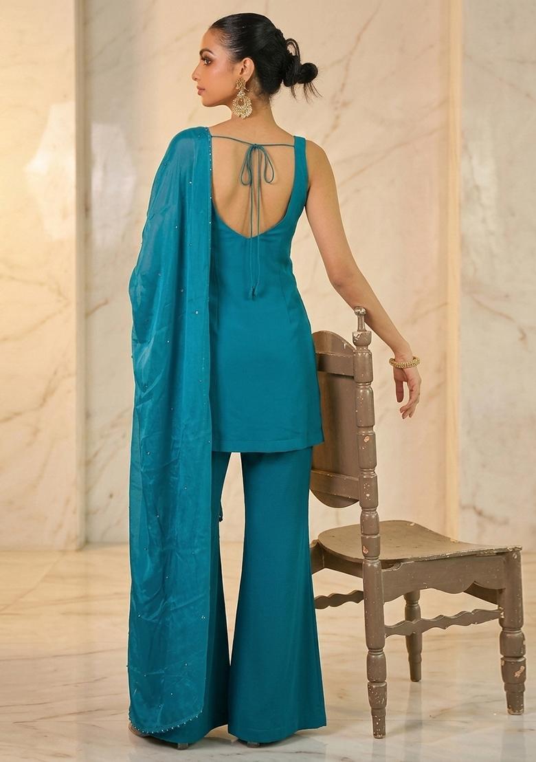 Teal Hand Work Sleeveless Sharara Set - Indya
