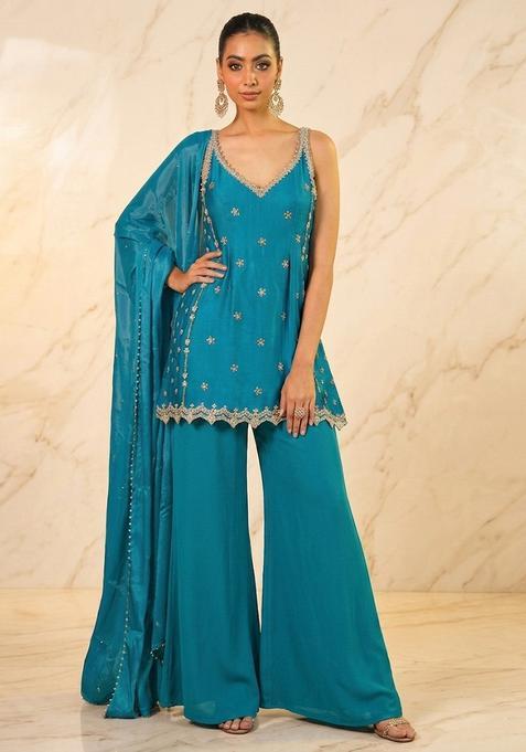 Teal Hand Work Sleeveless Sharara Set