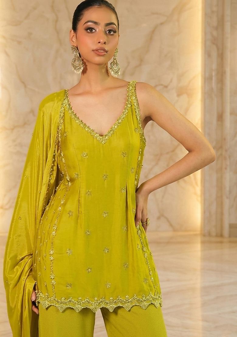 Lime Green Hand Work Sleeveless Sharara Set - Indya