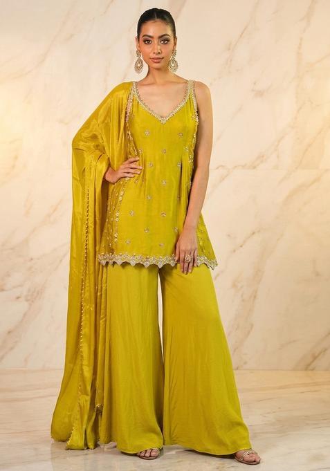 Lime Green Hand Work Sleeveless Sharara Set