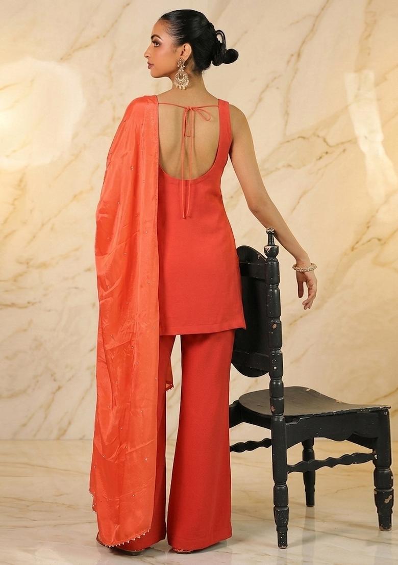 Orange Hand Work Sleeveless Sharara Set - Indya