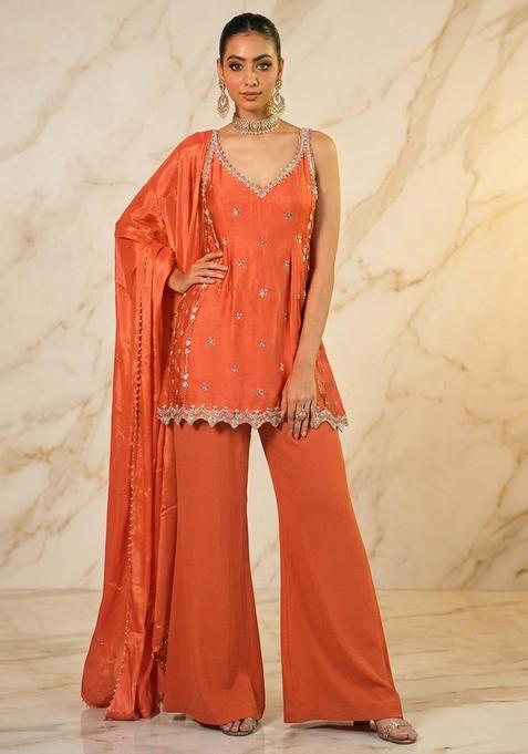 Orange Hand Work Sleeveless Sharara Set