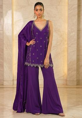 Purple Hand Work Sleeveless Sharara Set