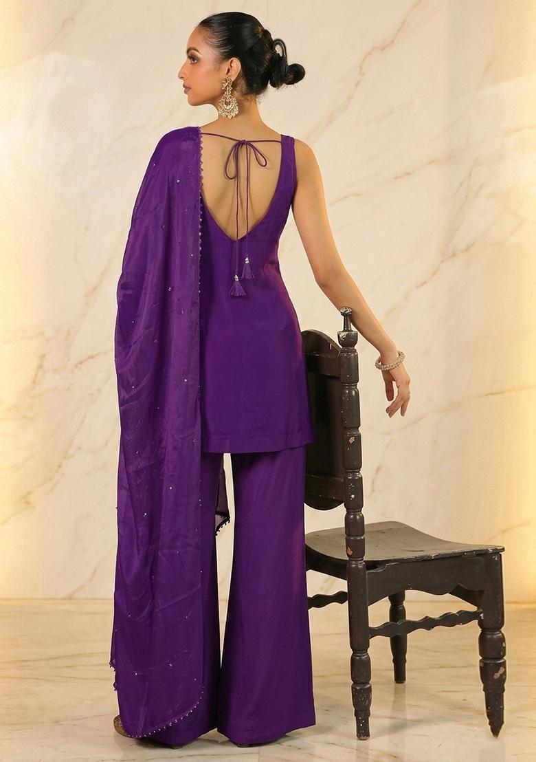 Purple Hand Work Sleeveless Sharara Set - Indya
