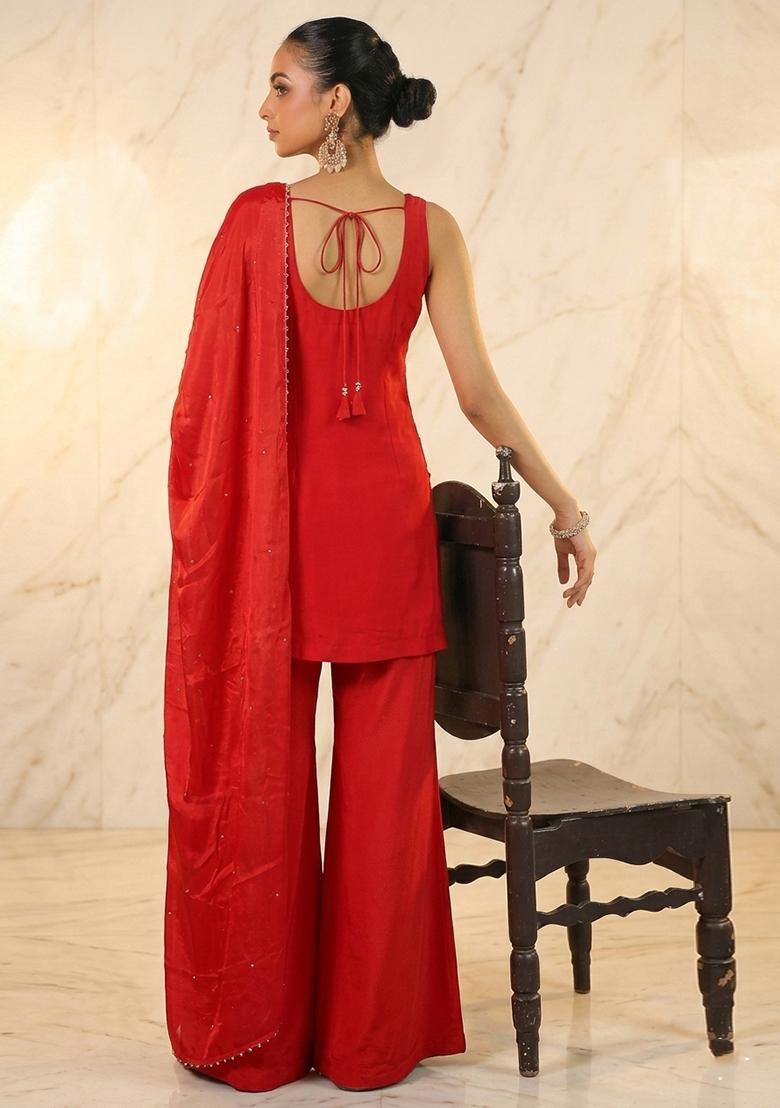 Red Hand Work Sleeveless Sharara Set - Indya