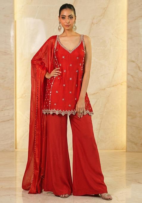 Red Hand Work Sleeveless Sharara Set