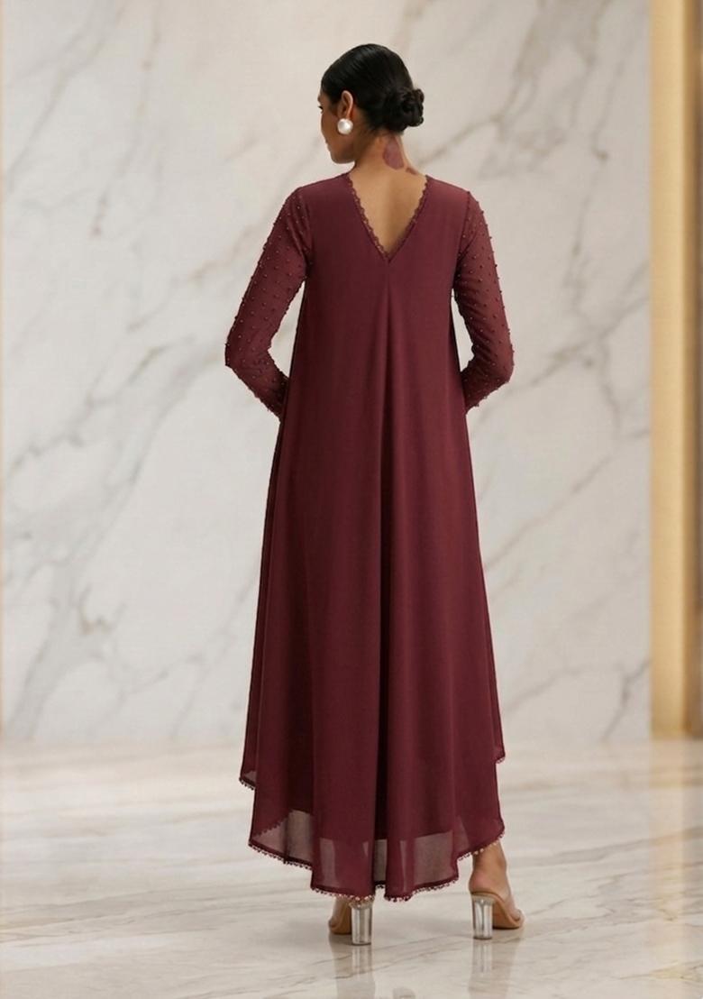 Brown Hand Work Sleeveless Fusion Set - Indya