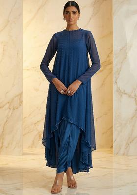 Dark Blue Hand Work Sleeveless Fusion Set