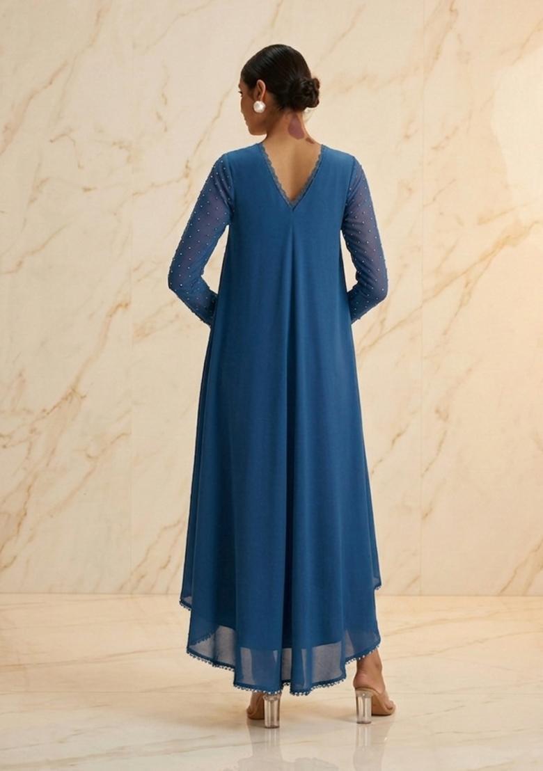 Dark Blue Hand Work Sleeveless Fusion Set - Indya