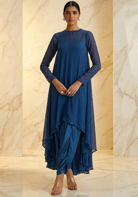 Dark Blue Hand Work Sleeveless Fusion Set