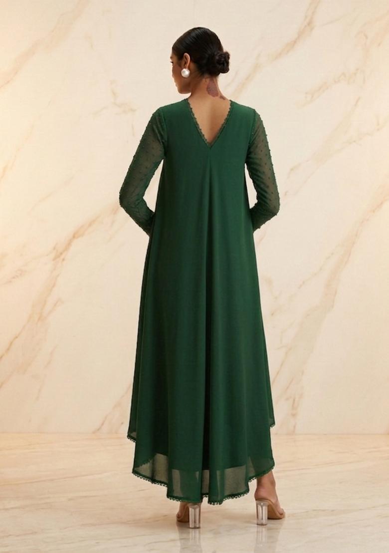 Green  Hand Work Sleeveless Fusion Set - Indya