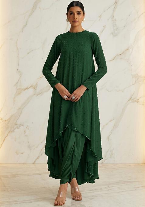 Green  Hand Work Sleeveless Fusion Set