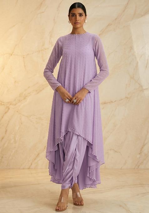 Lavender  Hand Work Sleeveless Fusion Set