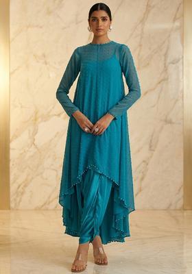 Light Blue Hand Work Sleeveless Fusion Set
