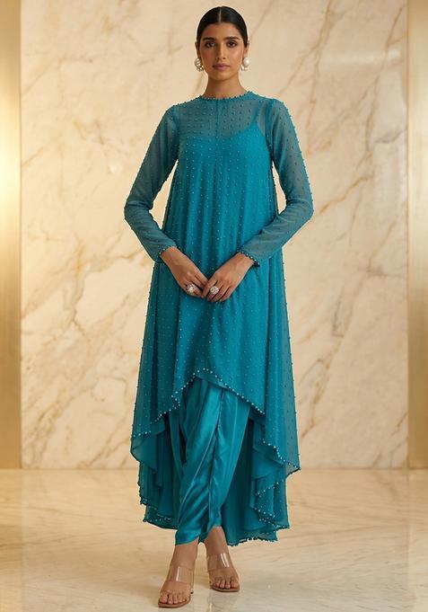 Light Blue Hand Work Sleeveless Fusion Set
